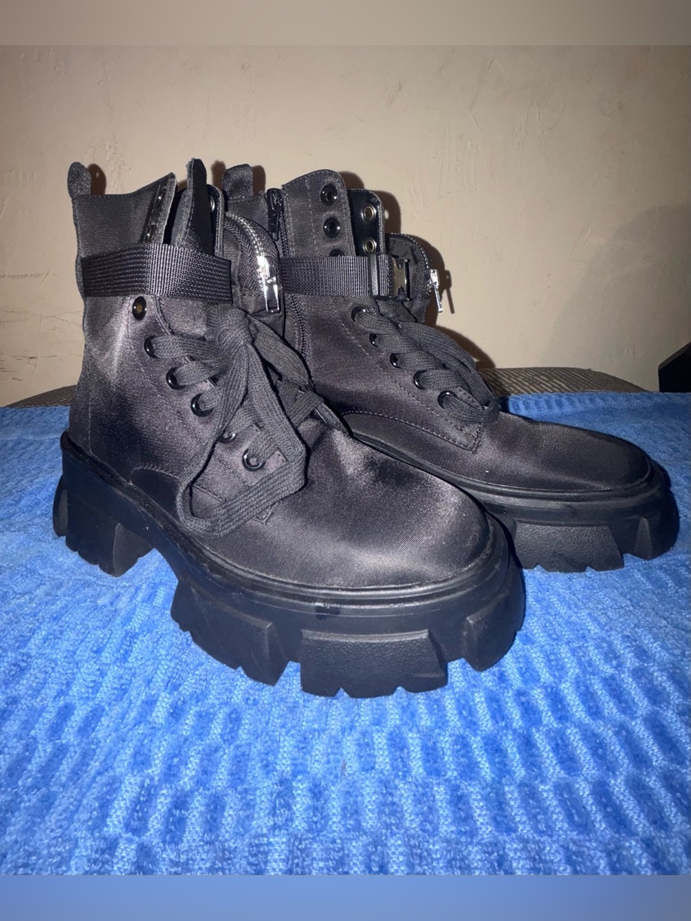 Steve Madden Black Satin Platform Combat Boots